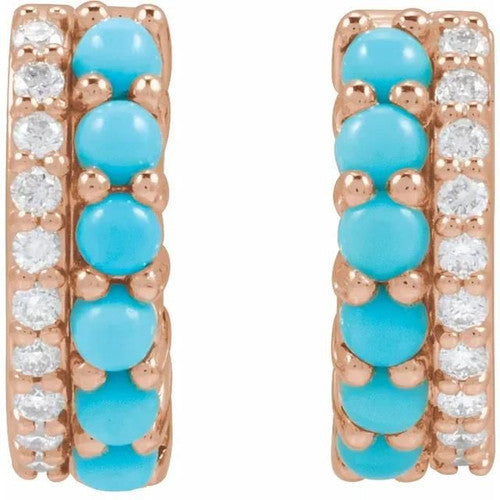 14K Natural Turquoise & 1/8 CTW Natural Diamond Huggie Hoop Earrings 14K Rose Gold