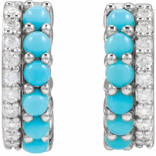 14K Natural Turquoise & 1/8 CTW Natural Diamond Huggie Hoop Earrings 14K White Gold