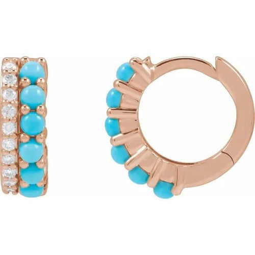 14K Natural Turquoise & 1/8 CTW Natural Diamond Huggie Hoop Earrings 14K Rose Gold
