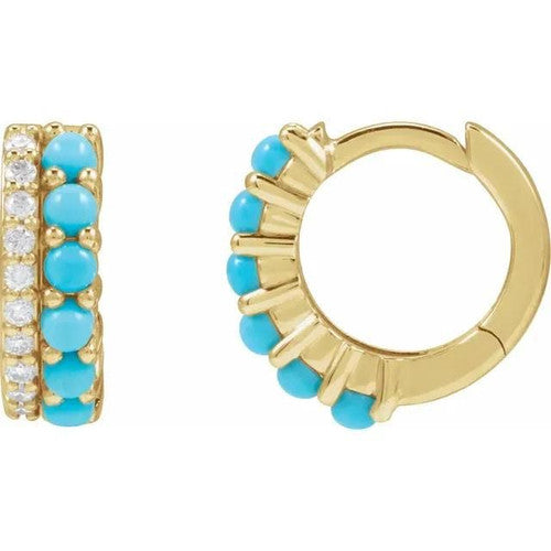 14K Natural Turquoise & 1/8 CTW Natural Diamond Huggie Hoop Earrings 14K Yellow Gold