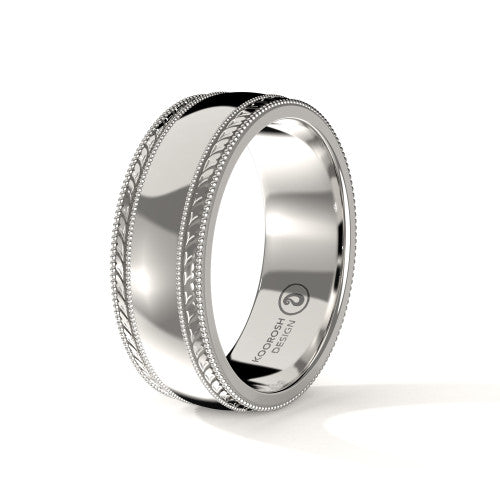 Cyrus 8mm men's 14K white gold wedding ring with engraved double milgrain edge