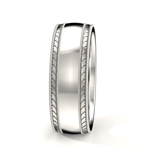 Handcrafted men's white gold wedding band featuring engraved double milgrain detailing