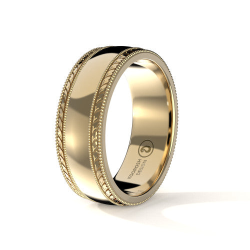 Cyrus 8mm men's 14K yellow gold wedding ring with engraved double milgrain edge