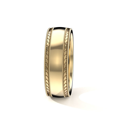 Handcrafted men's yellow gold wedding band featuring engraved milgrain detailing