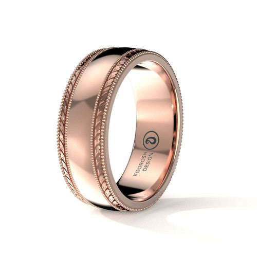Cyrus 8mm men's 14K rose gold wedding ring with engraved double milgrain edges
