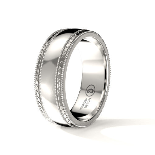 Kian 8mm men's 14K white gold brushed finish wedding ring with engraved double milgrain edge