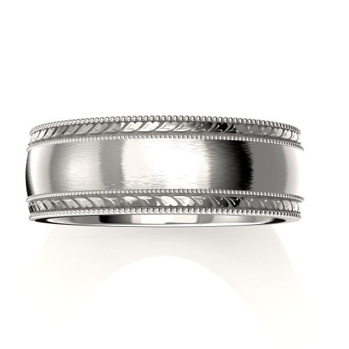 Elegant 14K white gold men's wedding ring with vintage-inspired milgrain edges