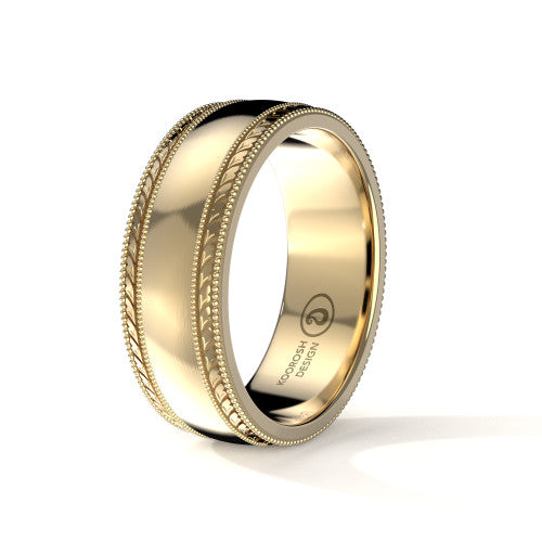 Kian 8mm men's 14K yellow gold brushed finish wedding ring with engraved double milgrain edge