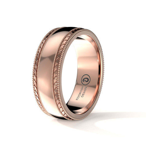 Kian 8mm men's 14K rose gold wedding ring with brushed finish and double milgrain edges