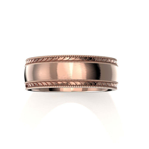 Unique men's wedding band in rose gold with brushed finish and intricate milgrain detailing