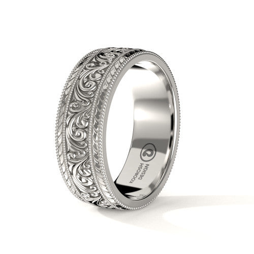 Arash 8 mm scrollwork wedding band in 14K White Gold, three-quarter perspective view (1)