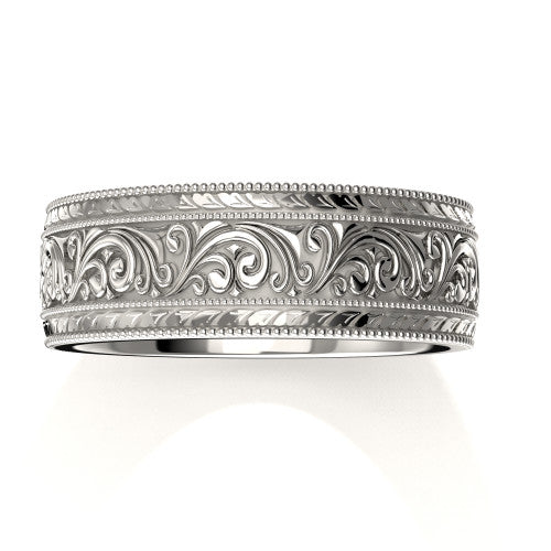 Top view of classic 14K white gold men's wedding band with scrollwork and engraved border
