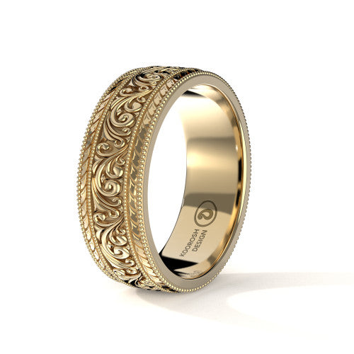 Arash 8 mm scrollwork wedding band in 14K Yellow Gold, three-quarter perspective view (1)