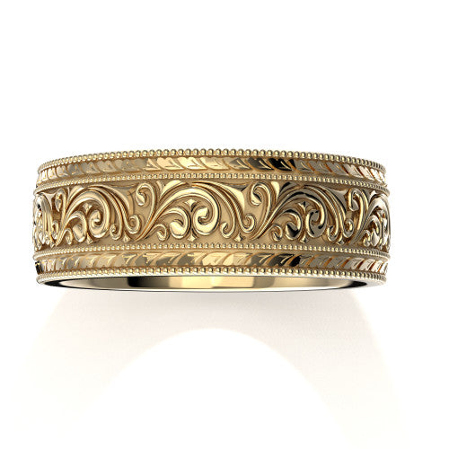 Elegant 14K yellow gold men's wedding ring with vintage-inspired scrollwork and engraved edges