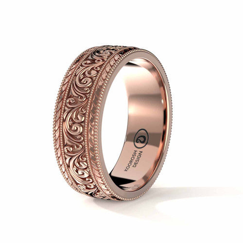 Arash 8 mm scrollwork wedding band in 14K Rose Gold, three-quarter perspective view (1)