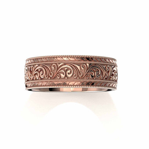 Unique men's wedding band in rose gold with engraved scrollwork and refined borders