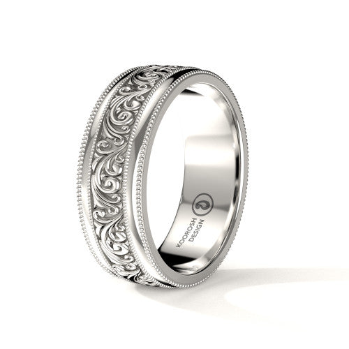 Sina scrollwork engraved wedding band in 14K White Gold, three-quarter perspective view