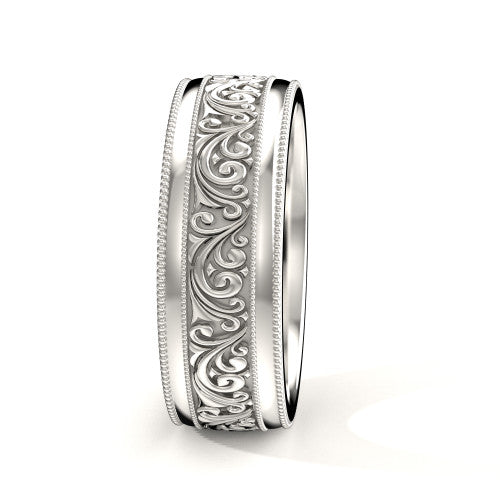 Handcrafted men's white gold wedding band featuring intricate scrollwork design