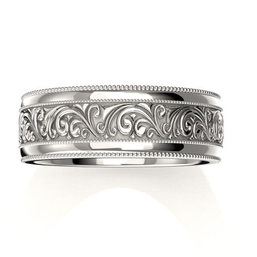 Vintage style men's 14K white gold ring with double milgrain detailing