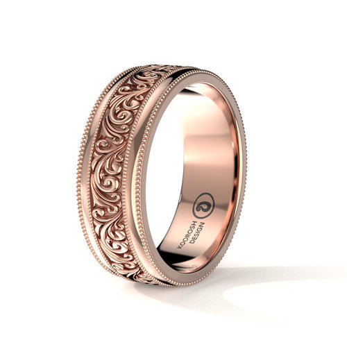 Sina scrollwork engraved wedding band in 14K Rose Gold, three-quarter perspective view