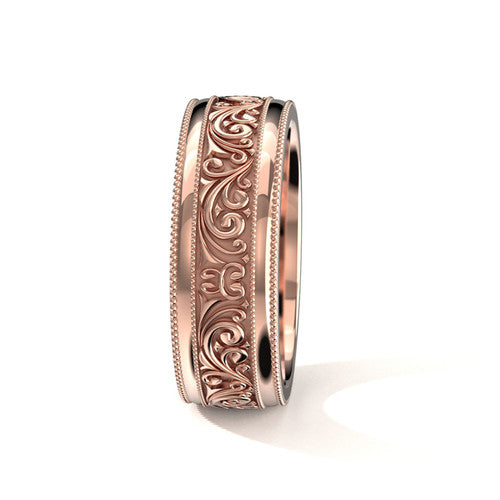 Handcrafted men's rose gold wedding band featuring vintage scrollwork design and double milgrain detailing
