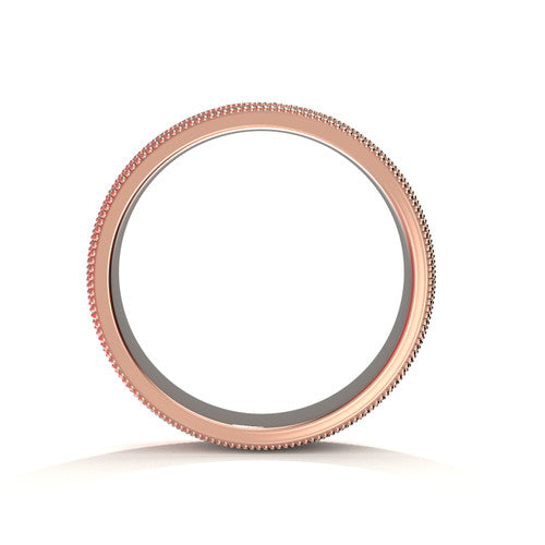 Artistic 8mm men's rose gold ring with detailed scrollwork and double milgrain border
