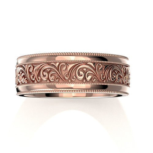 Elegant 14K rose gold men's wedding ring with ornate scrollwork and double milgrain accents
