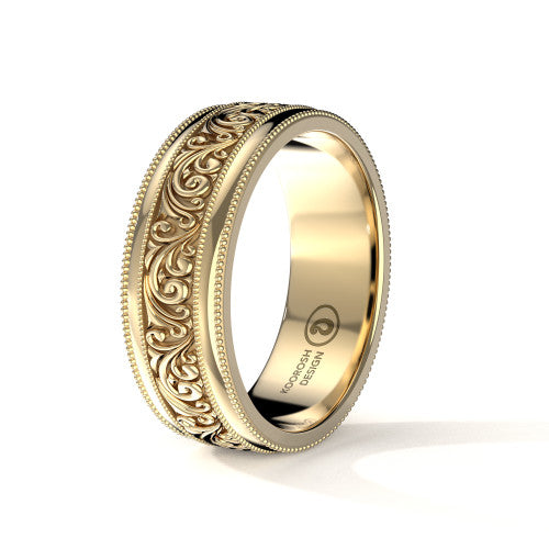 Sina scrollwork engraved wedding band in 14K Yellow Gold, three-quarter perspective view (3)