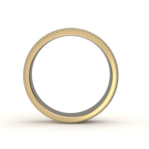 Artistic 8mm men's yellow gold ring showcasing scrollwork patterns and double milgrain embellishments