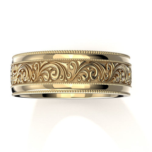 Unique men's wedding band in yellow gold with detailed scrollwork and double milgrain edges