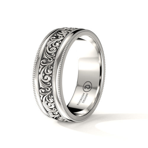 Parsa antiqued black scrollwork wedding band in 14K White Gold, three-quarter perspective view (3)