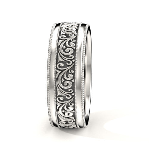 Handcrafted men's white gold wedding band with double milgrain detailing