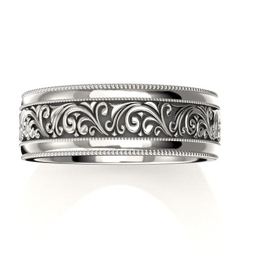 Vintage style men's wedding ring featuring intricate scrollwork design
