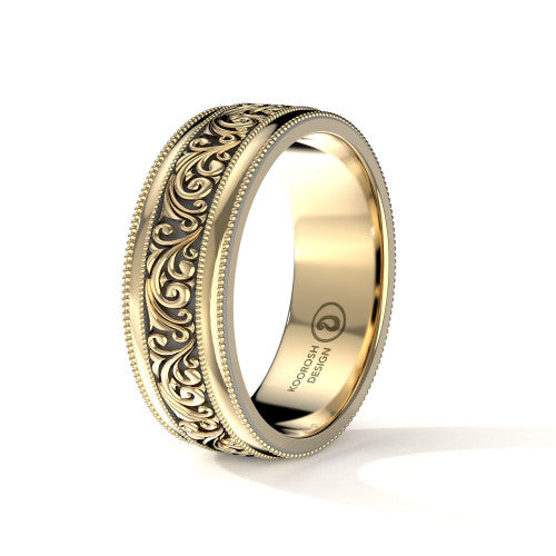 Parsa antiqued black scrollwork wedding band in 14K Yellow Gold, three-quarter perspective view (3)