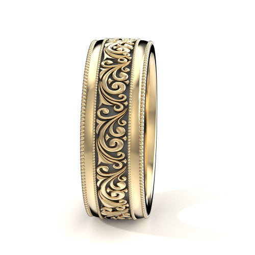 Handcrafted men's yellow gold wedding band featuring antiqued scrollwork design and double milgrain edges