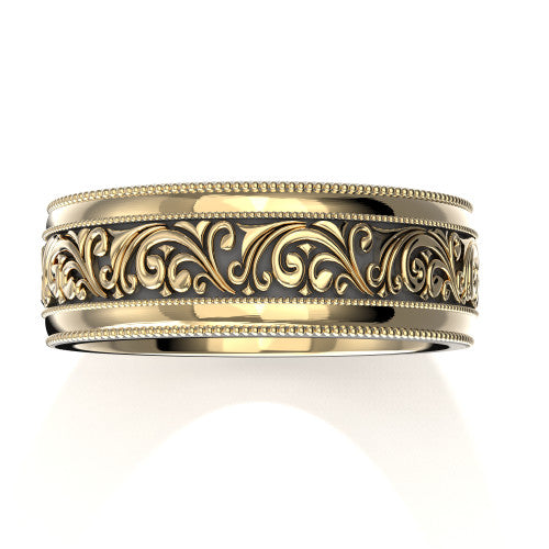 Unique men's wedding band in yellow gold with antiqued black finish, intricate scrollwork, and double milgrain
