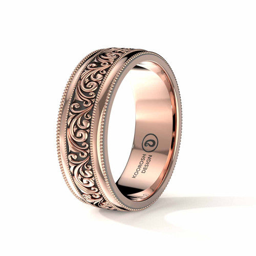 Parsa antiqued black scrollwork wedding band in 14K Rose Gold, three-quarter perspective view (3)