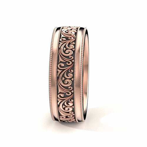 Handcrafted men's rose gold wedding band with double milgrain detailing