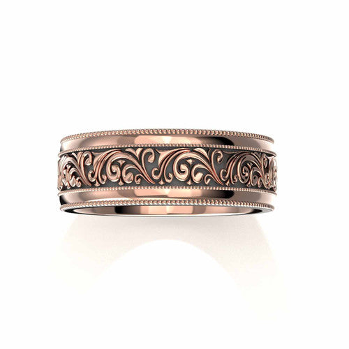 Vintage style men's wedding ring featuring intricate scrollwork design