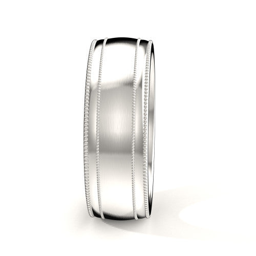 Handcrafted men's white gold wedding band featuring brushed texture and milgrain edges