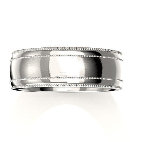Classic men's wedding band in white gold with brushed finish and ornate milgrain