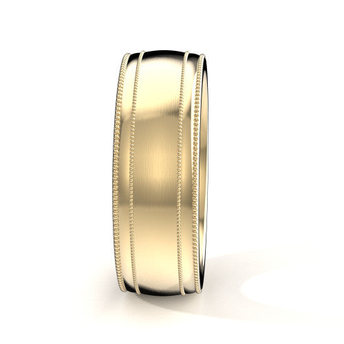 Close-up of brushed finish on 14K yellow gold men's wedding band