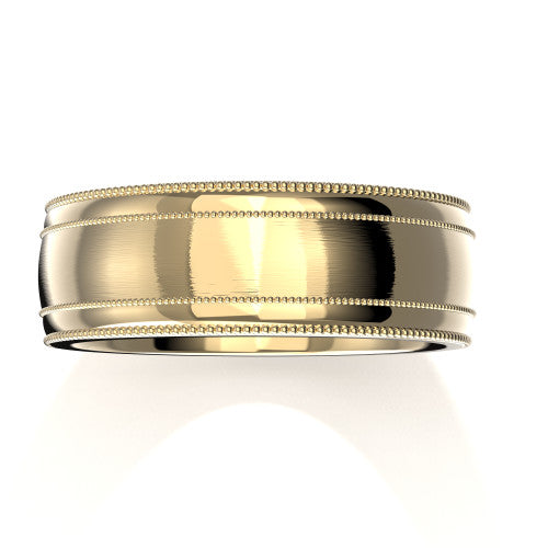 Top view of classic 14K yellow gold men's wedding band with brushed finish and double milgrain
