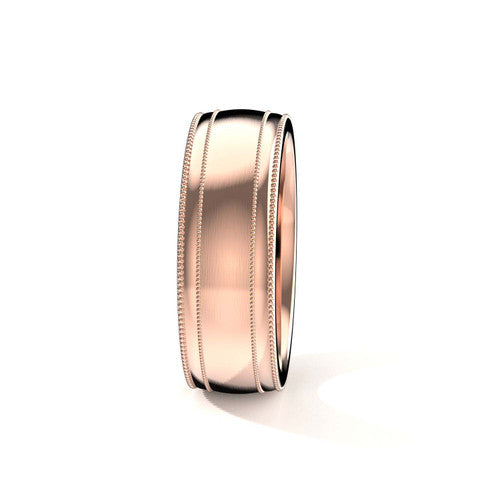 Handcrafted men's rose gold wedding band featuring a matte brushed texture and intricate double milgrain detailing