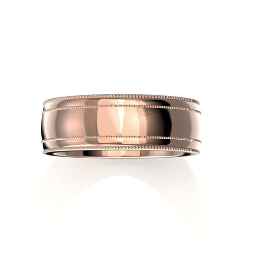 Elegant 14K rose gold men's wedding ring with classic double milgrain design and contemporary brushed finish