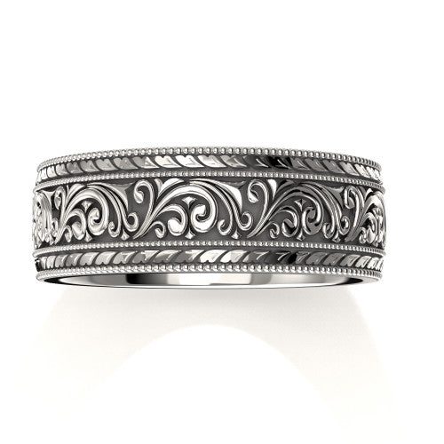 Elegant 14K white gold men's wedding ring with vintage-inspired scrollwork design