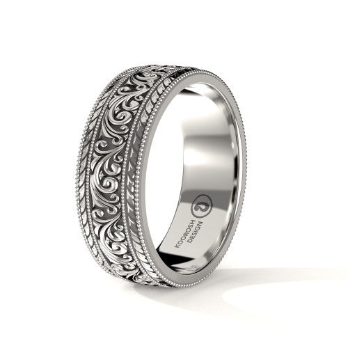 Armaan 8 mm antiqued black scrollwork wedding band in 14K White Gold, three-quarter perspective view (1)
