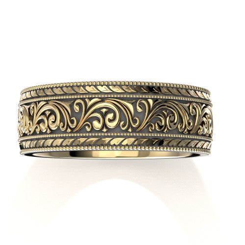 Top view of vintage-style men's wedding band with intricate scrollwork design