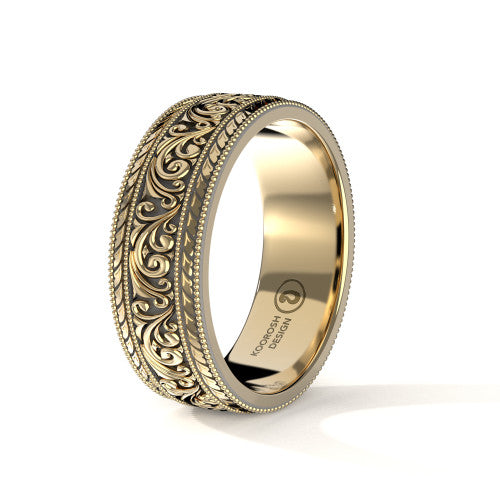 Armaan 8 mm antiqued black scrollwork wedding band in 14K Yellow Gold, three-quarter perspective view (1)