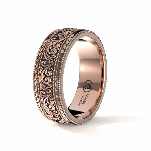 Armaan 8 mm antiqued black scrollwork wedding band in 14K Rose Gold, three-quarter perspective view (1)